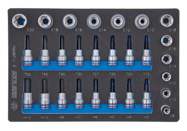 ZESTAW NASADEK 3/8" + 1/2", HEX H3 - H12, TORX T15 + T50, GWIAZDKI E8 - E20, WKŁAD Z PIANKI, DO WÓZKA King Tony