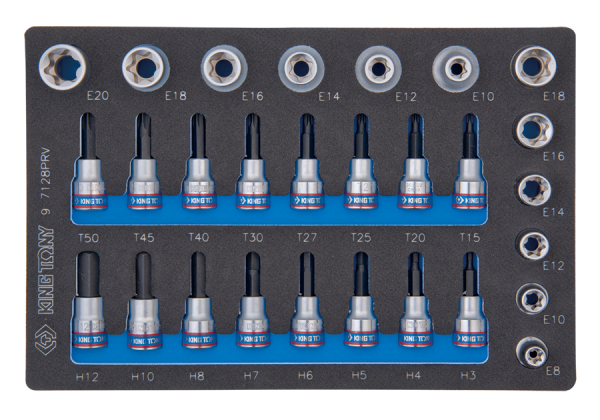 ZESTAW NASADEK 3/8" + 1/2", HEX H3 - H12, TORX T15 + T50, GWIAZDKI E8 - E20, WKŁAD Z PIANKI, DO WÓZKA King Tony