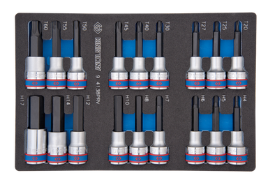 ZESTAW DŁUGICH NASADEK 1/2" HEX H4 - H17 + TORX T20 - T60, WKŁAD Z PIANKI EVA DO WÓZKA King Tony