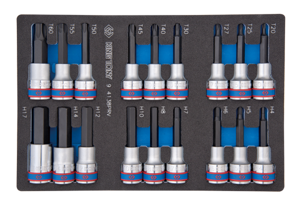 ZESTAW DŁUGICH NASADEK 1/2" HEX H4 - H17 + TORX T20 - T60, WKŁAD Z PIANKI EVA DO WÓZKA King Tony