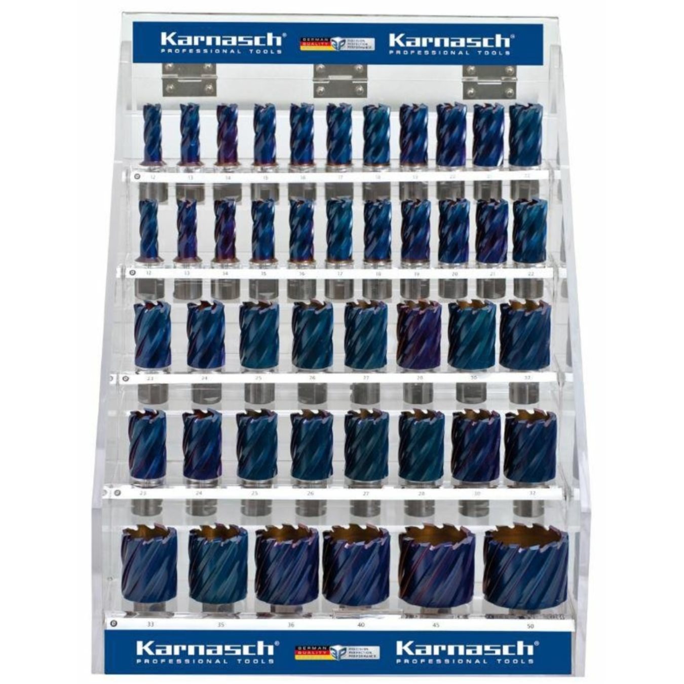 Ekspozytor z wiertłami rurowymi Blue-Drill 12-50mm, 44szt + piloty Integra 