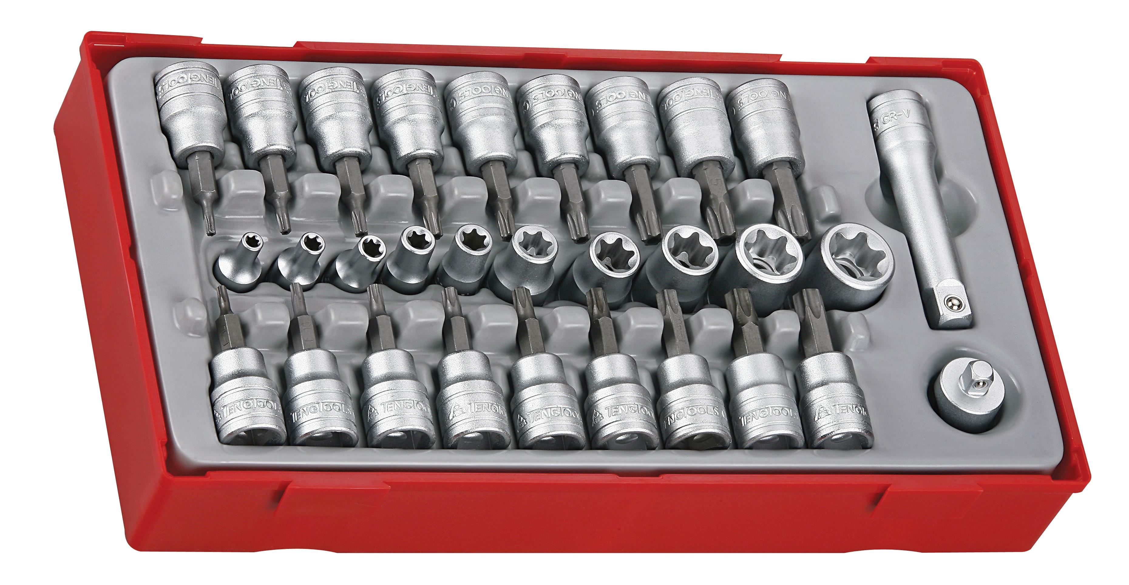 30-elementowy zestaw nasadek TX z chwytem kwadratowym 1/4" i 3/8", Teng Tools TTTX30