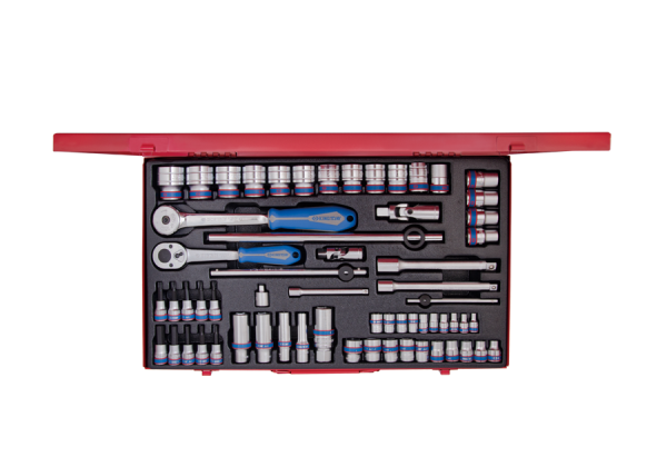 ZESTAW NASADEK 1/4" + 3/8" + 1/2" 62cz. KRÓTKIE 6-kąt. 4 - 32mm Z GRZECHOTKAMI I AKCESORIAMI, KASETA King Tony