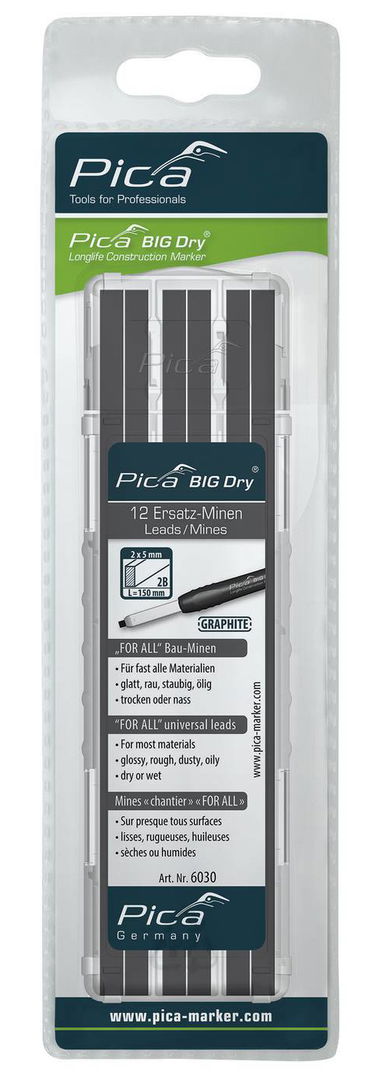Zest.zapasowych wkladow do olowkow stolarskich BIG Dry FORALL Bau, grafit Pica