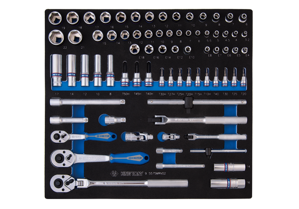 ZESTAW NASADEK 1/4" + 3/8" 75cz. KRÓTKIE/DŁUGIE, 6-kąt. 3.2 - 22mm Z AKCESORIAMI, WKŁAD Z PIANKI EVA DO WÓZKA King Tony