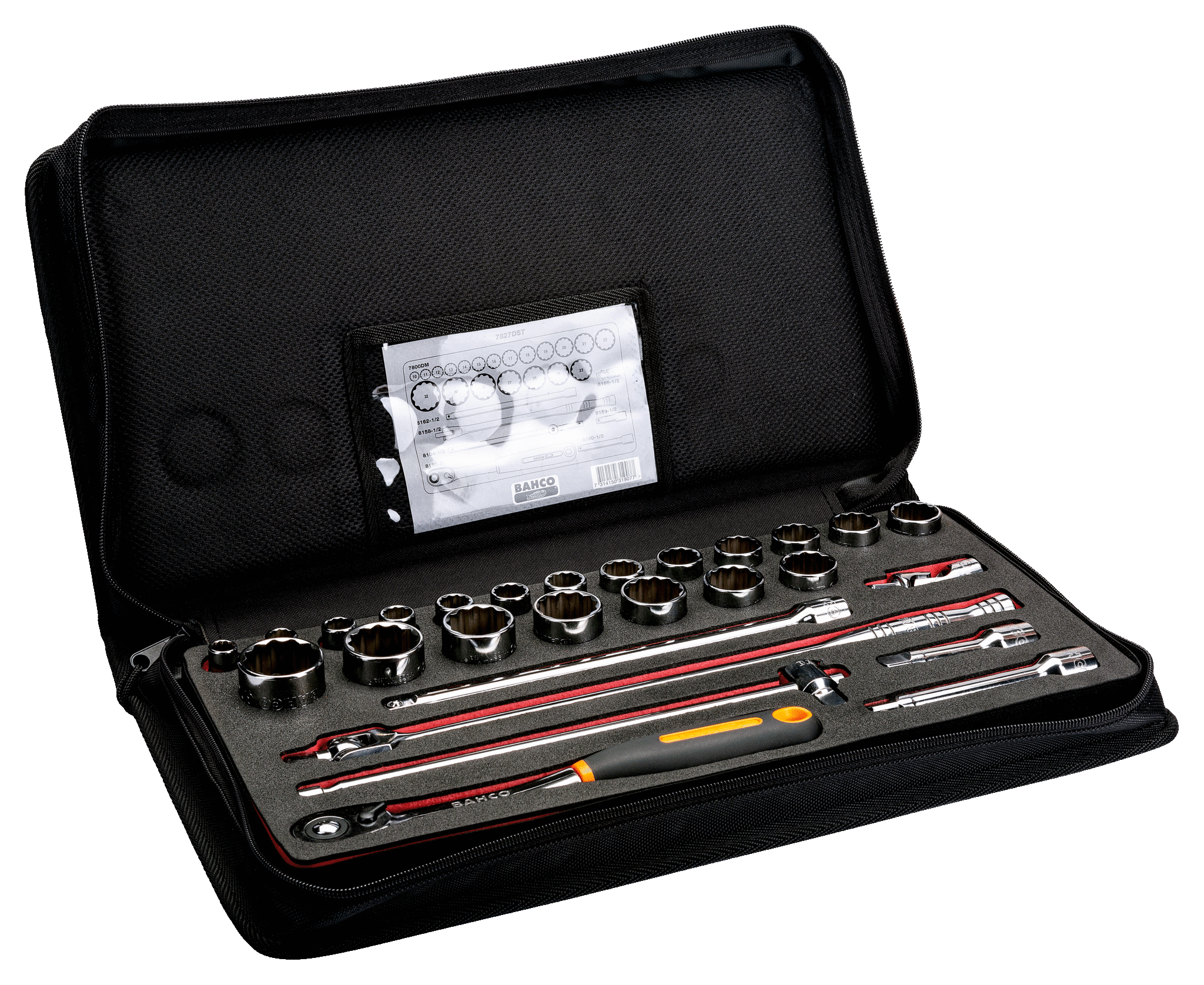 Nasadki 1/2'' zestaw 27 elementów, etui materiałowe BAHCO