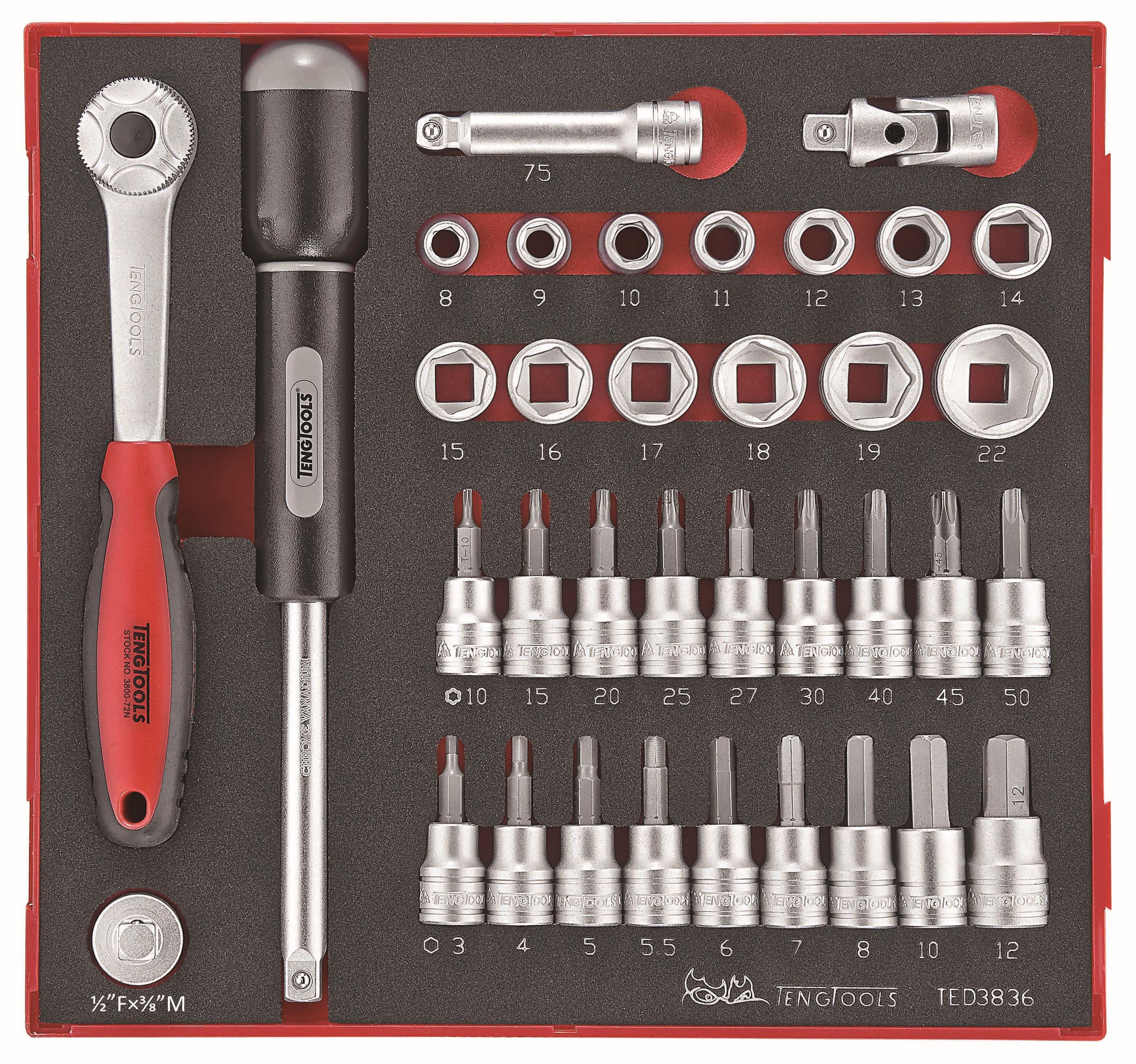 36-elementowy zestaw narzędzi nasadkowych z chwytem kwadratowym 3/8" Teng Tools TED3836