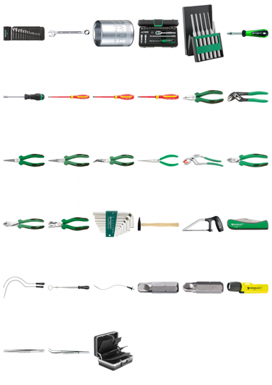 Zestaw 111 narzędzi do elektryki samolotowej w walizce 13209; (klucze 13, 12a, wkrętaki VDE, szczypce, wybijaki, młotek, nóż, chwytak, lusterko teleskopowe, piła) STAHLWILLE