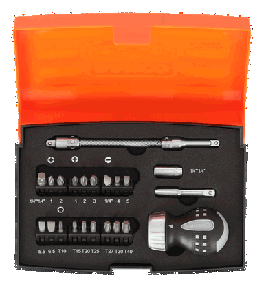 Wkrętak grzechotkowy krótki z zestawem 22 elementów: bity i nasadki 1/4" BAHCO