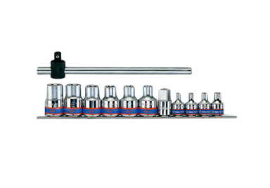 ZESTAW NASADEK 3/8"+1/2" 12cz. E4-E20+POKRĘTŁO, CHROM, SZYNA King Tony