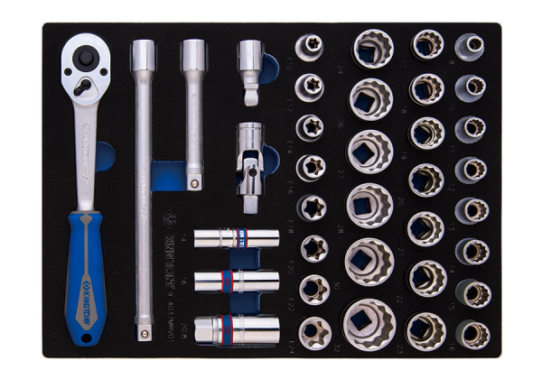 ZESTAW NASADEK 1/2" 37cz. KRÓTKIE 12-kąt. 8 - 32mm Z AKCESORIAMI, WKŁAD Z PIANKI EVA DO WÓZKA King Tony