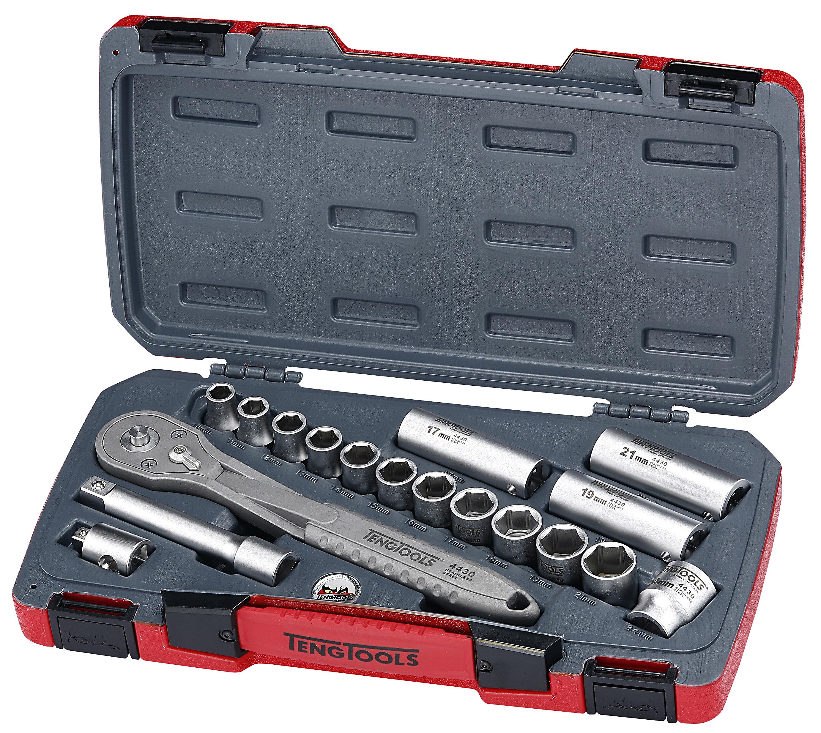 18-elementowy zestaw narzędzi nasadowych nierdzewnych z chwytem kwadratowym 1/2". Teng Tools TS1218