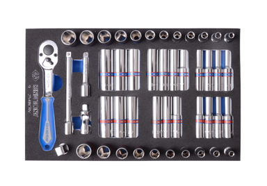 ZESTAW NASADEK 1/4" 48cz. KRÓTKIE/DŁUGIE, 6-kąt. 4 - 13mm, CALOWE 5/32"-1/2" Z AKCESORIAMI, WKŁAD Z PIANKI EVA DO WÓZKA King Tony