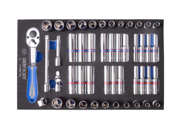 ZESTAW NASADEK 1/4" 48cz. KRÓTKIE/DŁUGIE, 6-kąt. 4 - 13mm, CALOWE 5/32"-1/2" Z AKCESORIAMI, WKŁAD Z PIANKI EVA DO WÓZKA King Tony