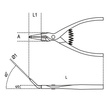 Szczypce do pierścieni segera zewnętrznych odgięte o 45° 140x0,9 mm, Ø 3-10 mm, 1037/140X0.9 Beta