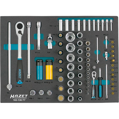 Zestaw kluczy nasadowych 1/4" i 1/2", 77-cz. moduł narzędziowy 163-138/77  HAZET