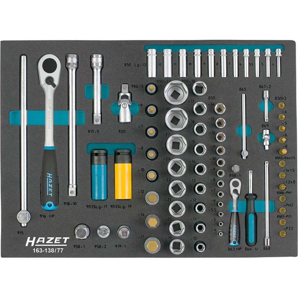 Zestaw kluczy nasadowych 1/4" i 1/2", 77-cz. moduł narzędziowy 163-138/77  HAZET