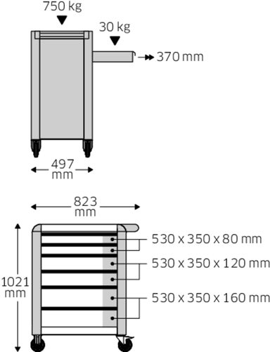 Wózek warsztatowy TTS  6-szufl.niebieski  z nakładkami, 1021x823x 497 mm; max obciążenie: 30kg na szufladę; 750 kg na wózek STAHLWILLE