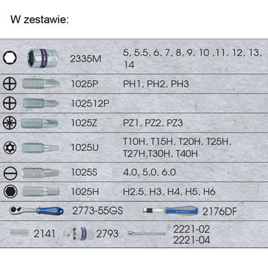  ZESTAW NARZĘDZI 1/4" 39cz. NASADKI KRÓTKIE, 6-kąt. 5 - 14mm + BITY, Z GRZECHOTKĄ I AKCESORIAMI King Tony