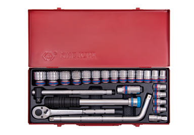 ZESTAW NASADEK 1/2" 24cz. KRÓTKIE 12-kąt. 10 - 32mm Z GRZECHOTKĄ I AKCESORIAMI, KASETA King Tony