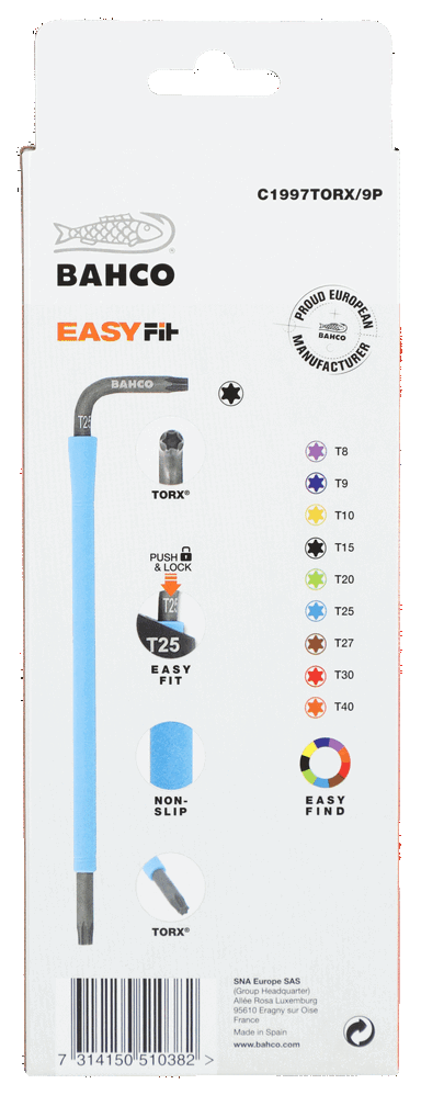 Zestaw kluczy trzpieniowych kolorowych, TORX T8-T40, Długie - 9 szt. BAHCO