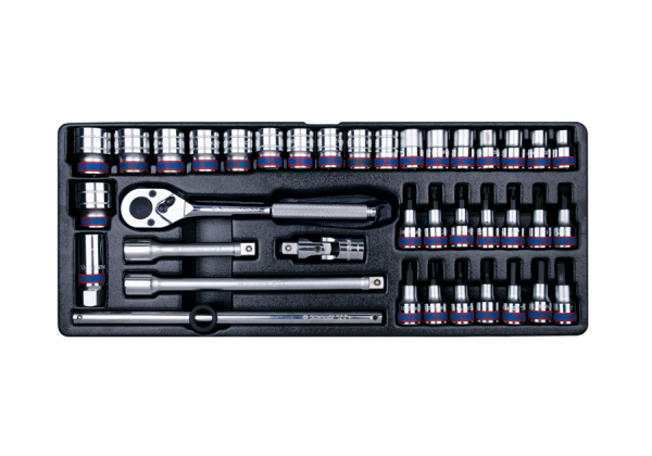 ZESTAW NASADEK 1/2" 38cz. KRÓTKIE 6-kąt. 10 - 32mm, HEX 4 - 12, ZESTAW WKRĘTAKÓW, TORX T25 - T40 Z AKCESORIAMI, WKŁAD DO SKRZYNI King Tony