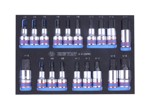 ZESTAW NASADEK 1/2", KRÓTKIE HEX H3 - H19, SPLINE M5 - M18, WKŁAD Z PIANKI EVA DO WÓZKA, 19 cz. King Tony
