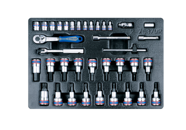 ZESTAW NASADEK 1/4" + 1/2" 37cz. KRÓTKIE 6-kąt. 4 - 13mm, TORX T20 - T60, HEX H3 - H14, Z AKCESORIAMI, WKŁAD DO WÓZKA King Tony