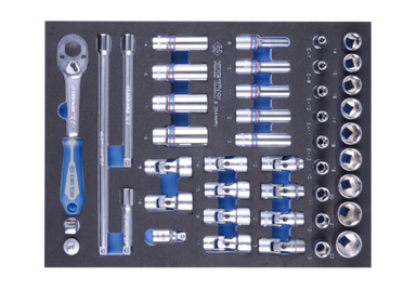 ZESTAW NASADEK 3/8" 44cz. KRÓTKIE 6-kąt.10-22mm,DŁUGIE 12-kąt. 8-19mm, Z AKCESORIAMI, WKŁAD Z PIANKI EVA DO WÓZKA King Tony