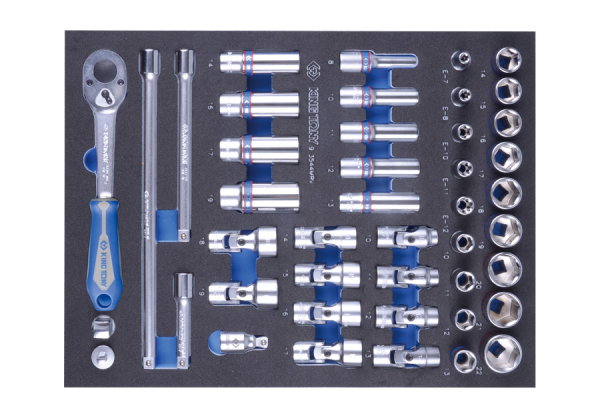 ZESTAW NASADEK 3/8" 44cz. KRÓTKIE 6-kąt.10-22mm,DŁUGIE 12-kąt. 8-19mm, Z AKCESORIAMI, WKŁAD Z PIANKI EVA DO WÓZKA King Tony