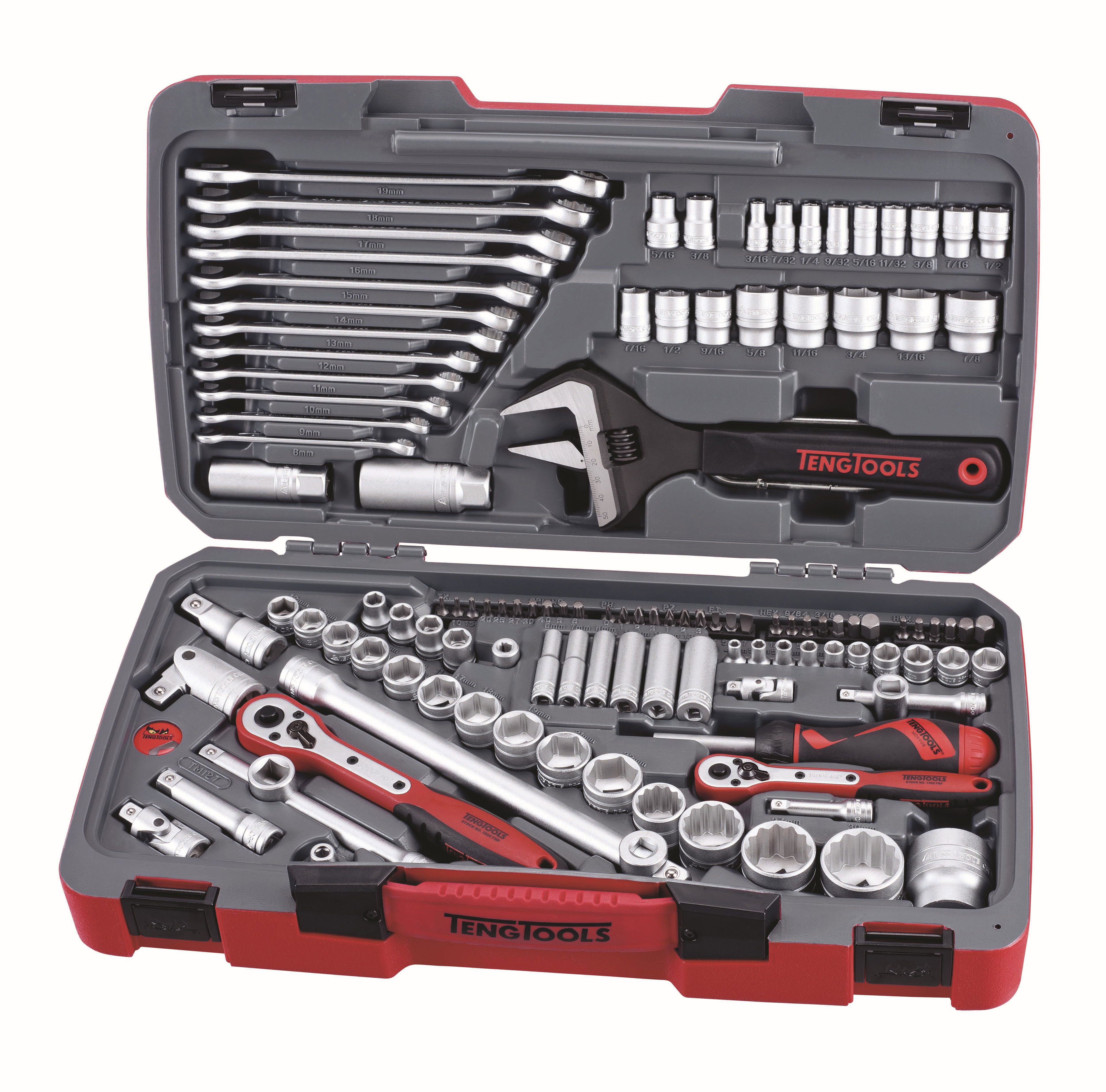 127-elementowy zestaw narzędzi nasadowych. Z chwytem kwadratowym 1/4", 3/8" i 1/2". Teng Tools TM127