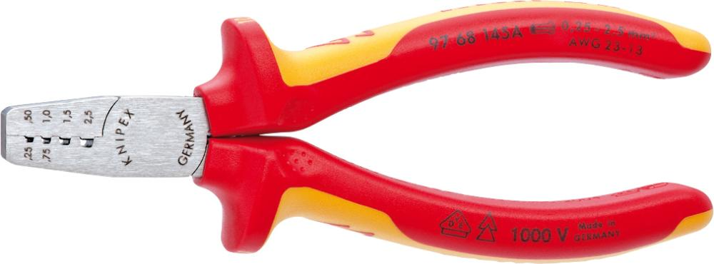 Szczypce VDE do zagniatania tulejek kablowych 0,25–2,5 mm2, 145mm, 97 68 145 A, KNIPEX