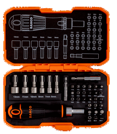 Zestaw bitów 1/4" płaskich/Phillips/Pozidriv/TORX/sześciokątnych i uchwyt wkrętaka grzechotkowego - 36 szt. BAHCO