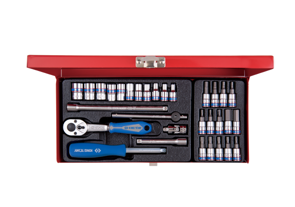 ZESTAW NARZĘDZI 1/4" 31cz. NASADKI 12-kąt. 4 - 13mm, T8 -T30, HEX 3 - 10 Z GRZECHOTKĄ I AKCESORIAMI, KASETA King Tony