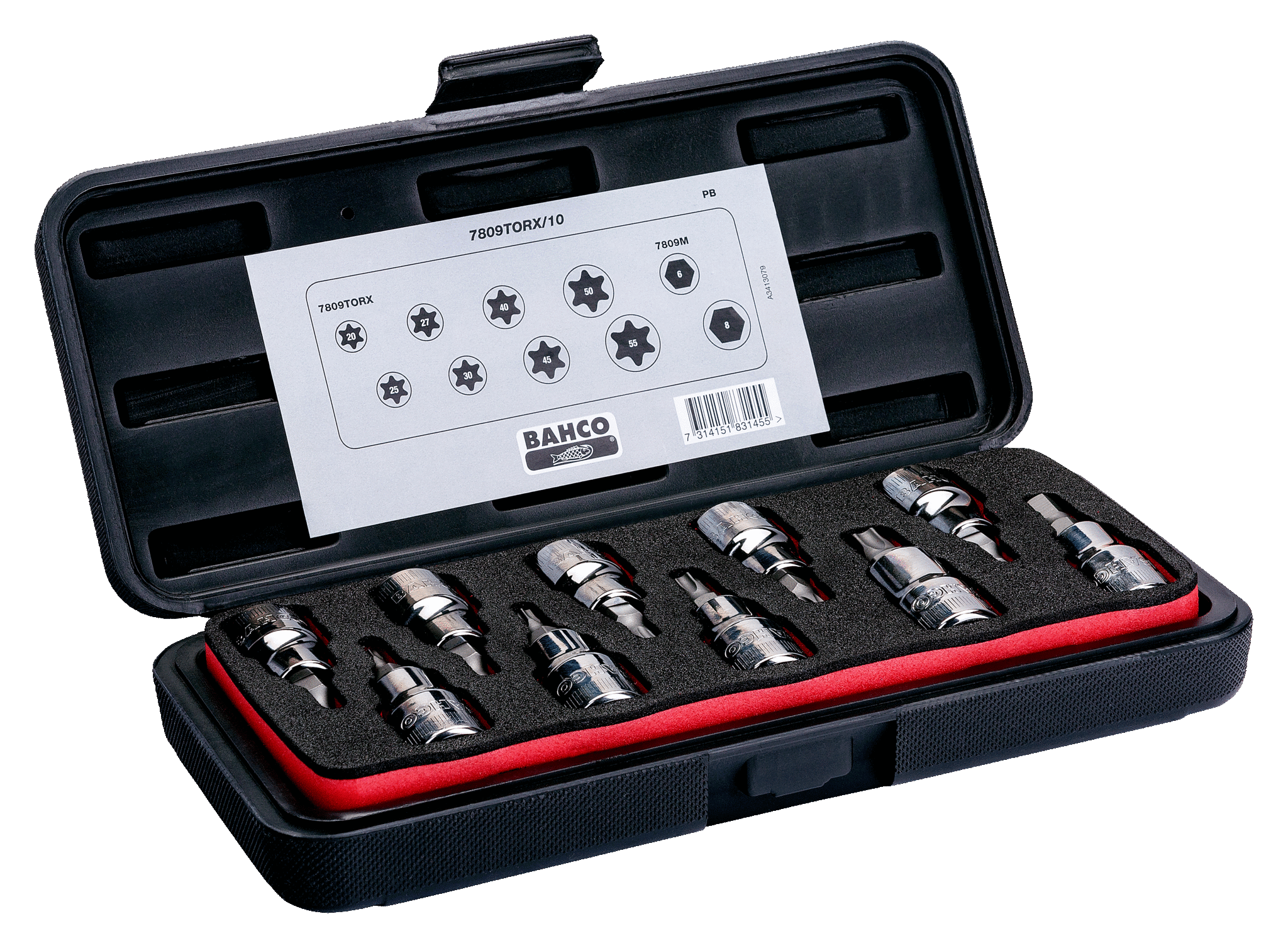 Zestaw 10 nasadek 1/2” z końcówkami TORX i PHILLIPS w metalowym pudełku BAHCO
