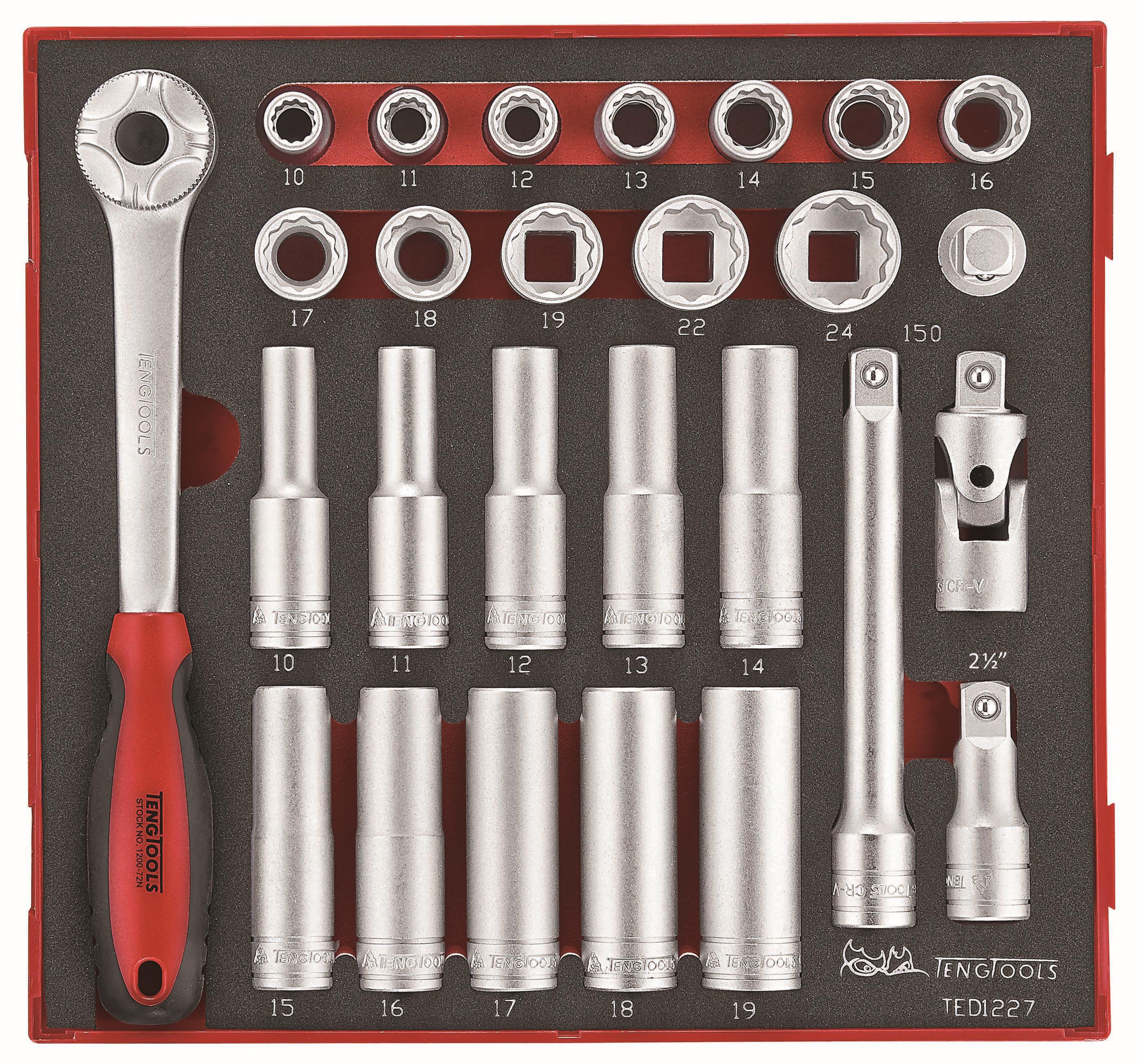 27-elementowy zestaw narzędzi nasadkowych z chwytem kwadratowym 1/2" Teng Tools TED1227