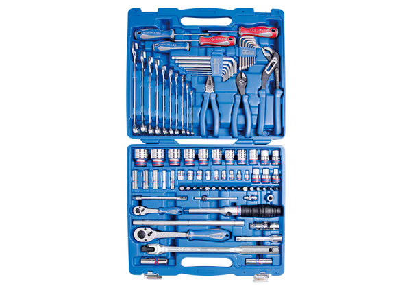 ZESTAW NARZĘDZI 87 cz. NASADKI 1/4"+1/2" 5 - 32mm, 6-kąt. Z GRZECHOTKAMI, SZCZYPCE, WKRĘTAKI, KLUCZE I AKCESORIA, WALIZKA King Tony