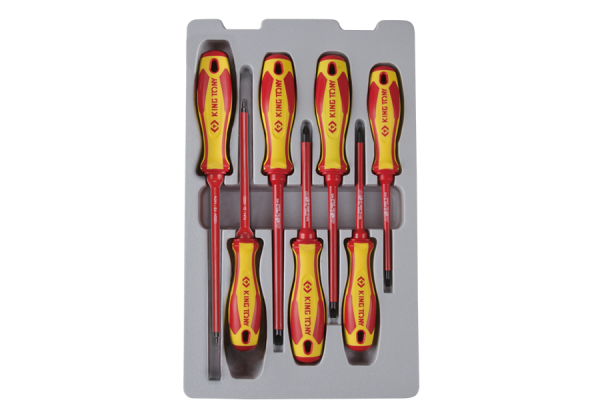 ZESTAW WKRĘTAKÓW IZOLOWANYCH 7cz. POZIDRIV No.1x100, No.2x100, PŁASKIE 4x100, 5,5x125, 6,5x150, KWADRAT No.1, No.2 King Tony