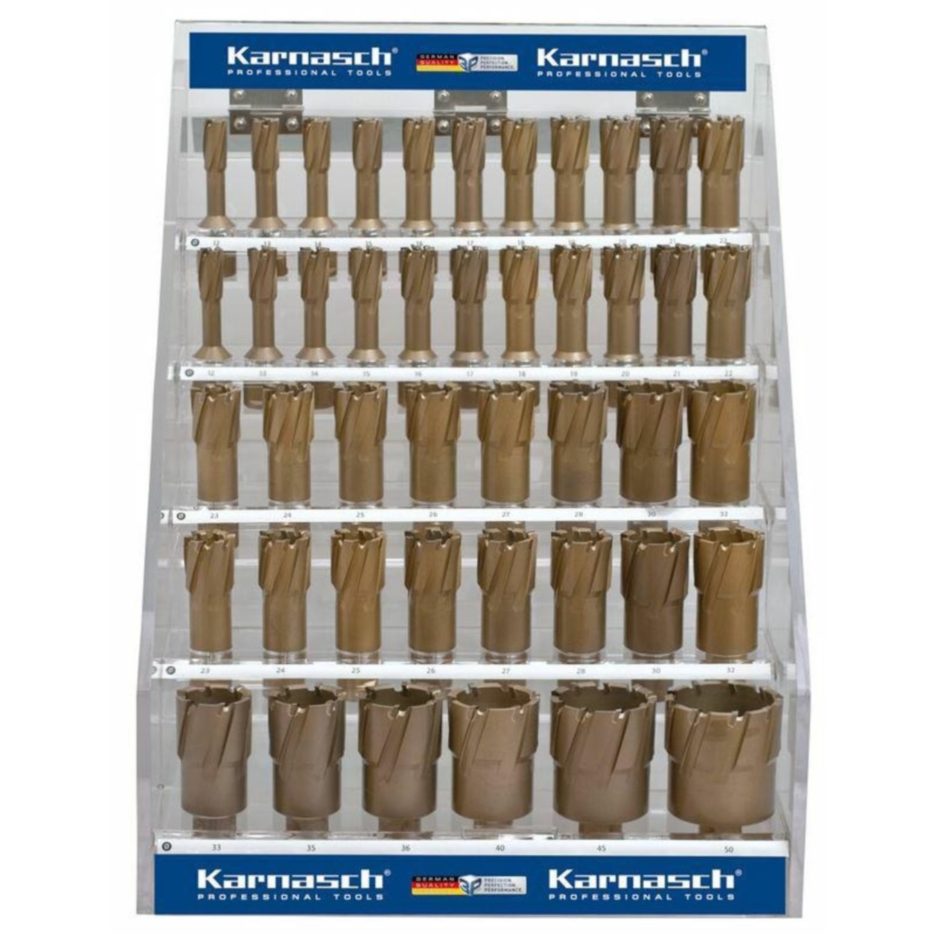 Ekspozytor z 44 wiertłami rurowymi Hard-Line55 12-50 mm + piloty Integra To