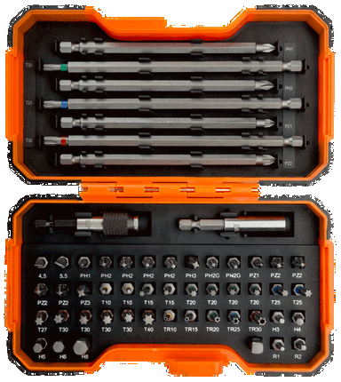 Zestaw bitów przemysłowych 54 szt. sześciokątne, płaskie, Phillips, Pozidriv, Robertson, TORX z otworem, kolorowe TORX BAHCO