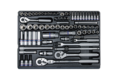 ZESTAW NASADEK 1/4" + 3/8" 75cz. KRÓTKIE / DŁUGIE / IMBUSY / GWIAZDKI, 6-kąt. 4 - 22mm Z AKCESORIAMI, WKŁAD DO WÓZKA King Tony