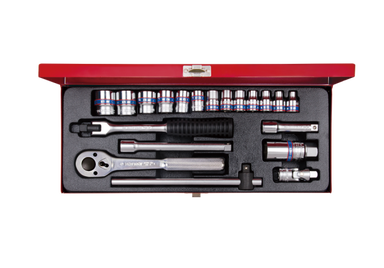 ZESTAW NASADEK 3/8" 20cz. KRÓTKIE 6-kąt. 6 - 22mm Z GRZECHOTKĄ I AKCESORIAMI, KASETA King Tony