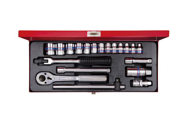 ZESTAW NASADEK 3/8" 20cz. KRÓTKIE 6-kąt. 6 - 22mm Z GRZECHOTKĄ I AKCESORIAMI, KASETA King Tony