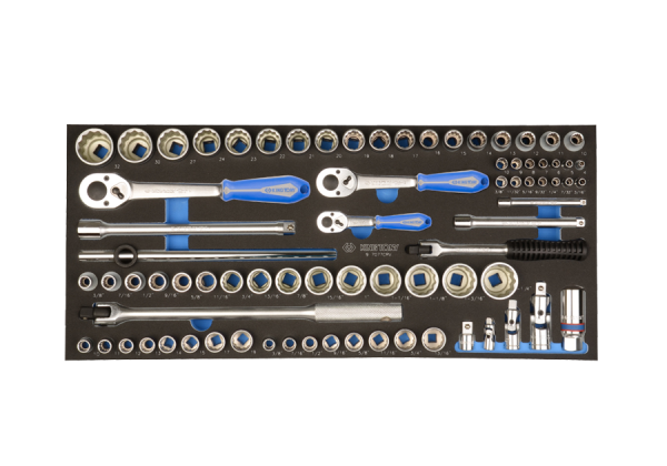 ZESTAW NASADEK 1/4"+ 3/8" + 1/2" 77cz. KRÓTKIE 12-kąt. 4-32mm, 3/16" - 1-1/4" Z AKCESORIAMI, WKŁAD Z PIANKI EVA DO SKRZYNKI King Tony