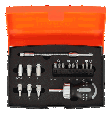 Wkrętak grzechotkowy krótki z zestawem 18 elementów: bity i nasadki 1/4" BAHCO